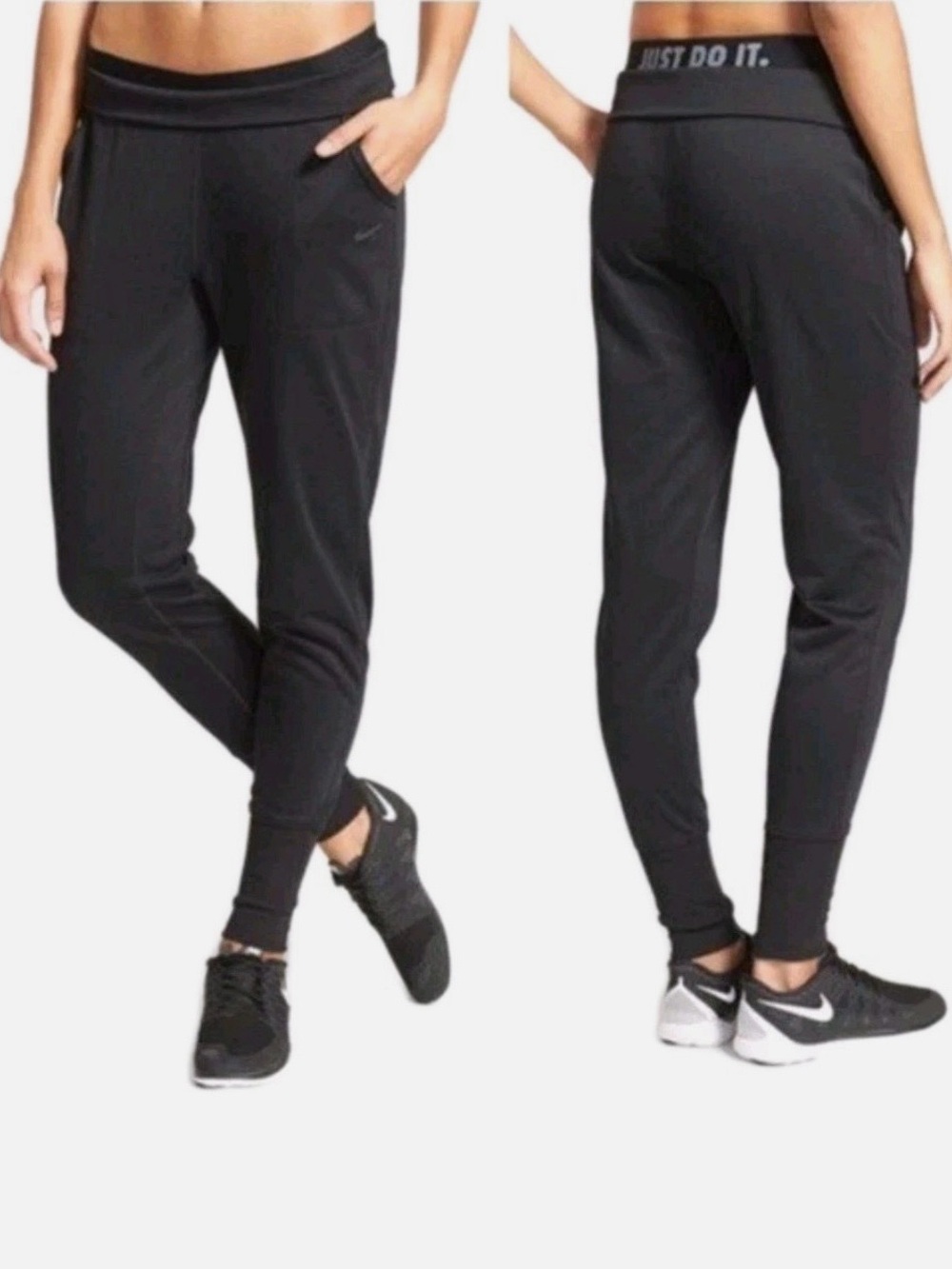 Nike Women's Size Medium Just Do It Fold-Over Waist‎ Training Jogger Pants Black